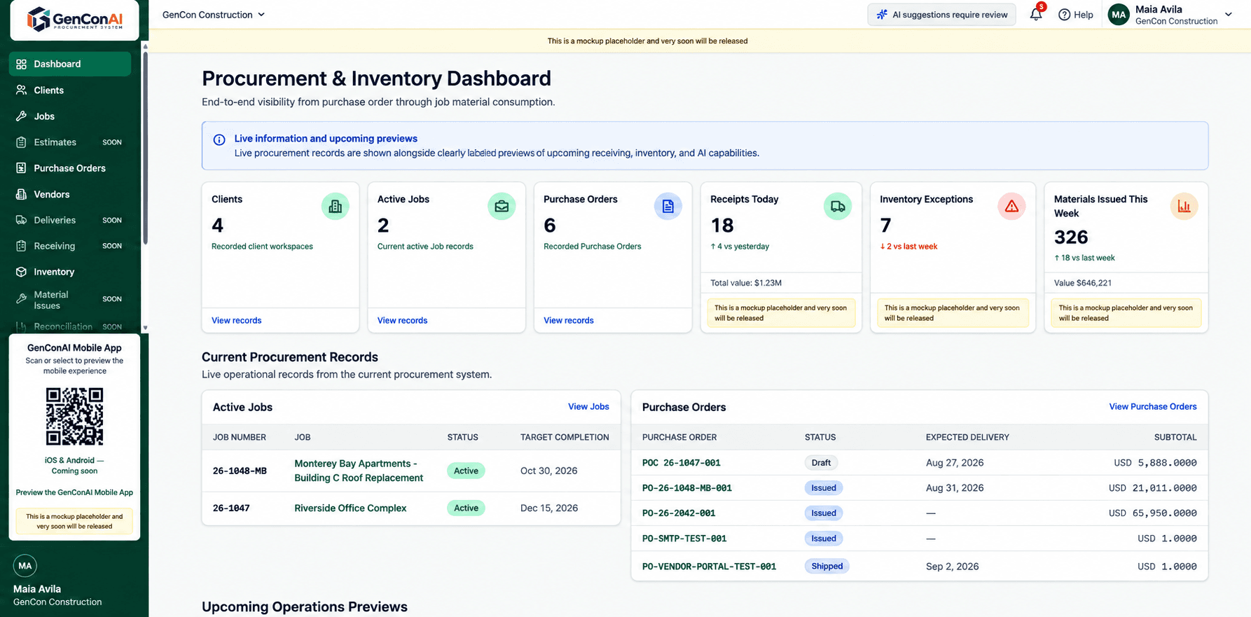 GenConAI procurement and inventory operational dashboard