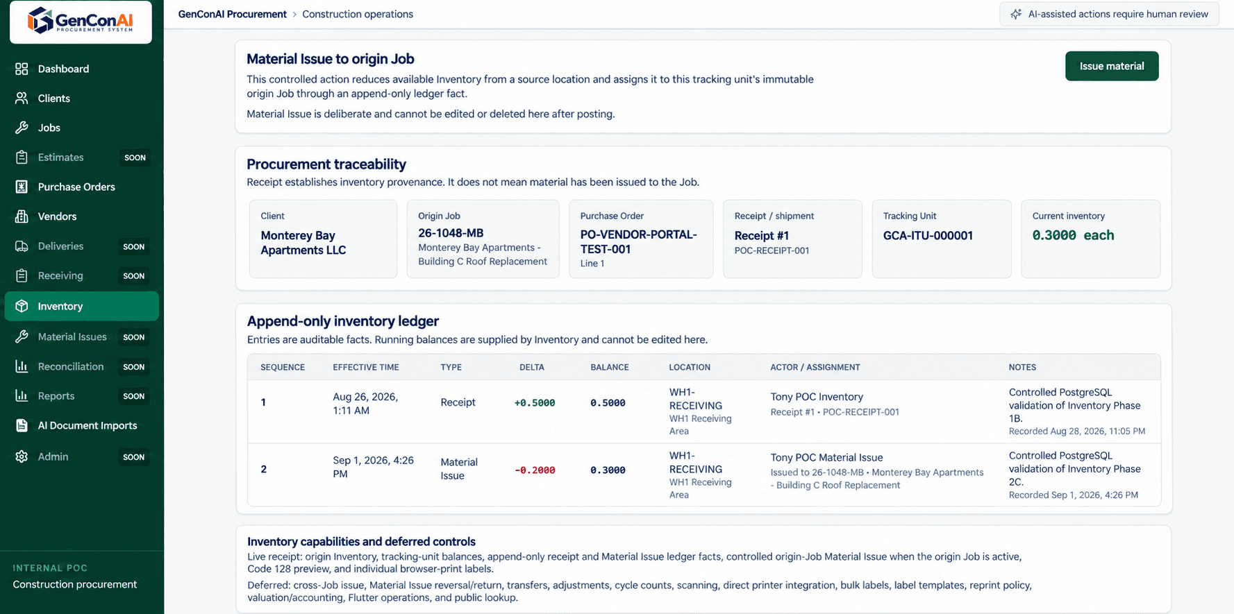 GenConAI procurement traceability and append-only inventory ledger